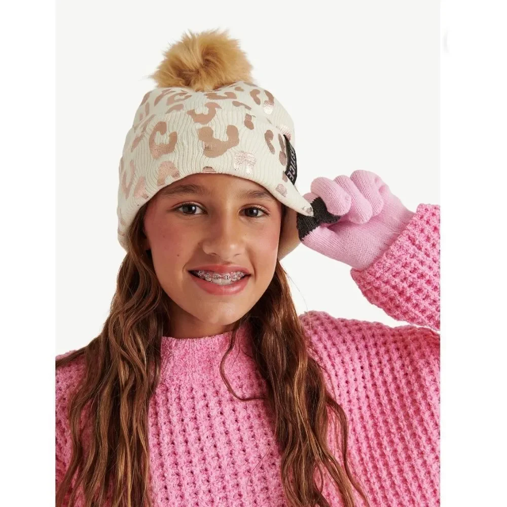 Girls Justice Ribbed & Full Print Winter Cozy Beanie and Gloves 2, 2-Piece Set